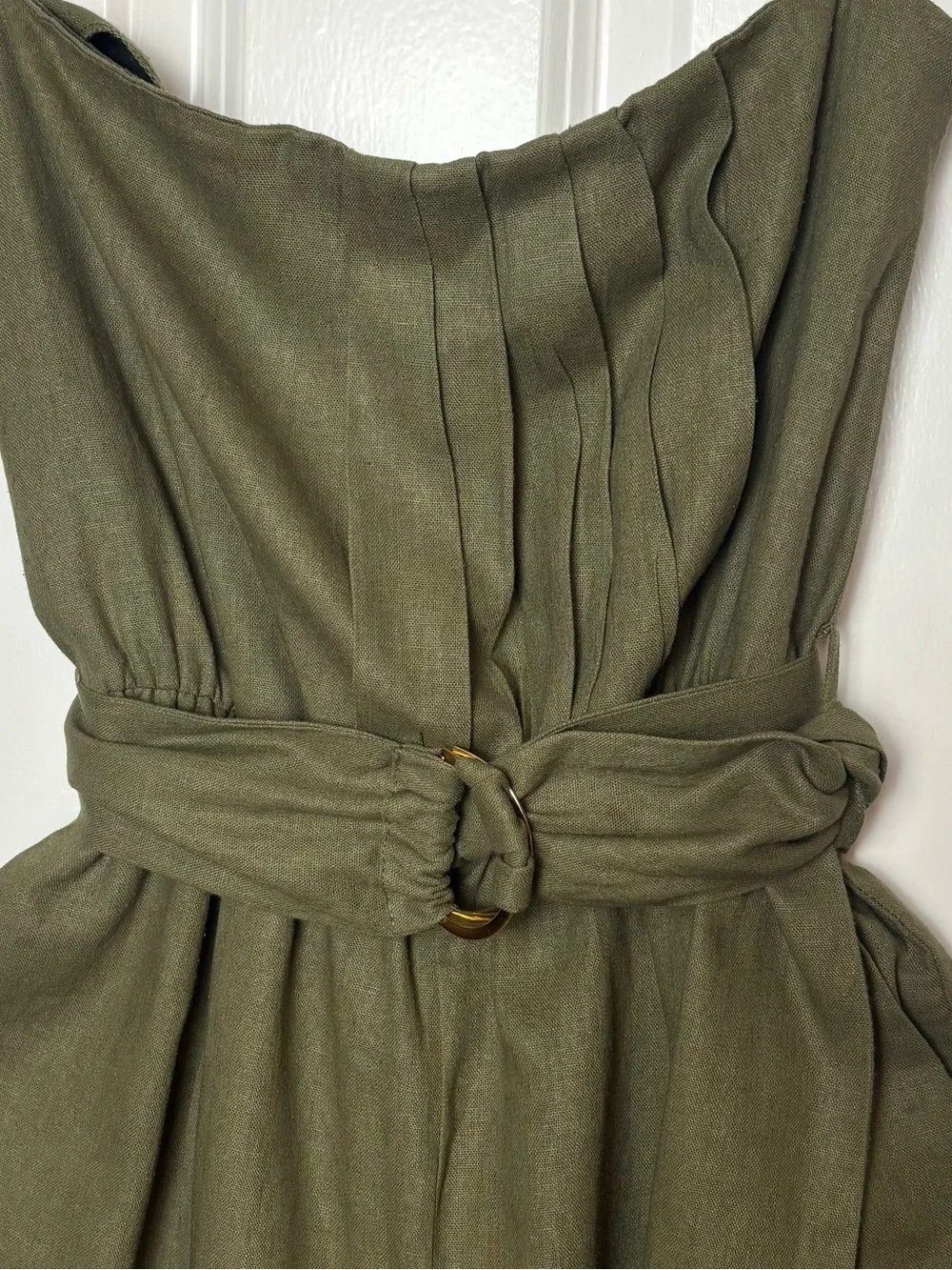 NWT Zara Olive Green Linen Blend Strapless Jumpsuit Belted Cuffed Hem Small